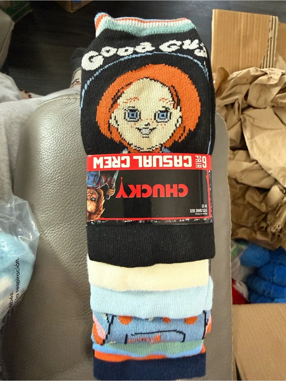 Chucky Casual Crew Men’s Socks - Black/Orange Character Design. 6 pair